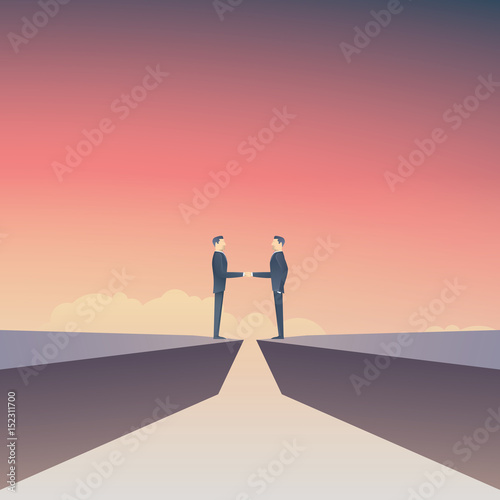 Business deal vector concept with two businessman doing handshake over gap. Business negotiation symbol.