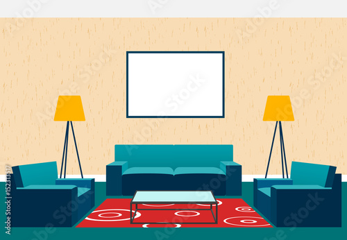 Living room interior design in flat style including armchairs, sofa, glass table, lamp and empty picture frame.