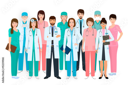 Group of doctors and nurses standing together in different poses. Medical people. Hospital staff.