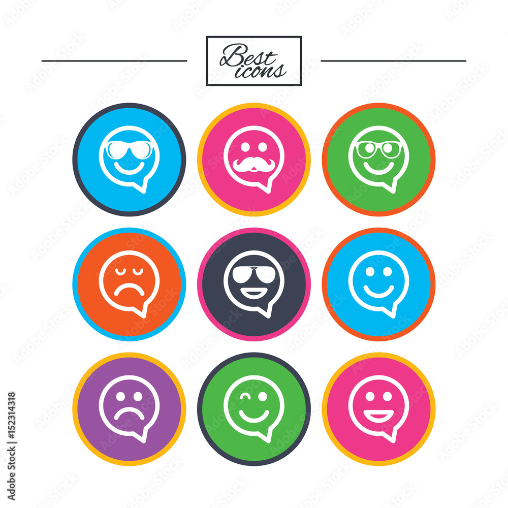 Smile icons. Sunglasses, mustache and laughing. Smile icons. Sunglasses, mustache and laughing.