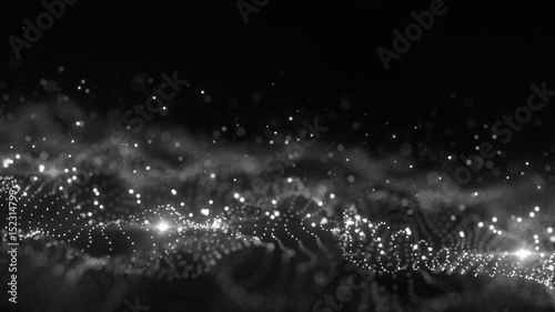Field of glowing particles on black selective focus