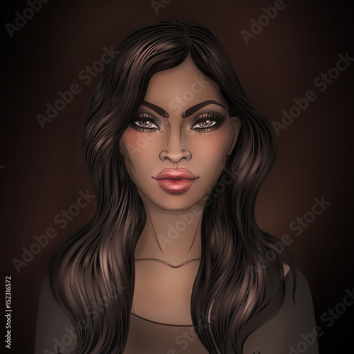 African American pretty girl. Raster Illustration of Black Woman with glossy ...