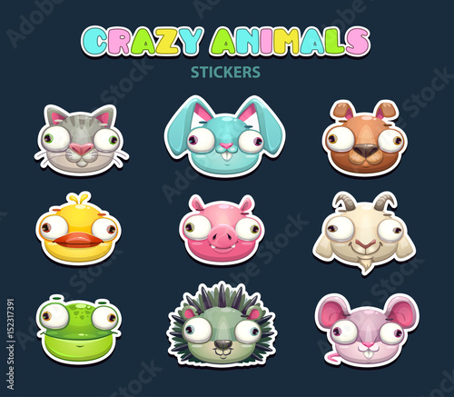 Comic crazy animal faces set.