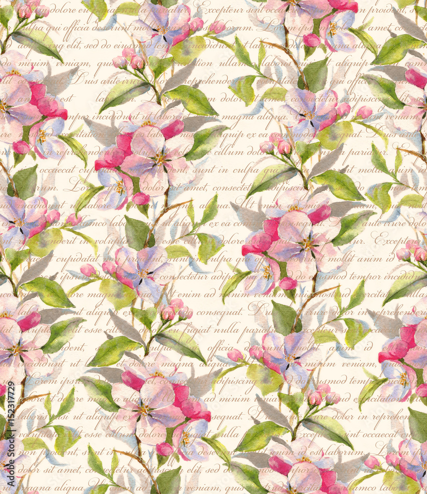 Hand-drawn seamless watercolor pattern with apple blossom. Spring tender background with pink apple flowers and letters Hand-drawn seamless watercolor pattern with apple blossom. Spring tender background with pink apple flowers and letters