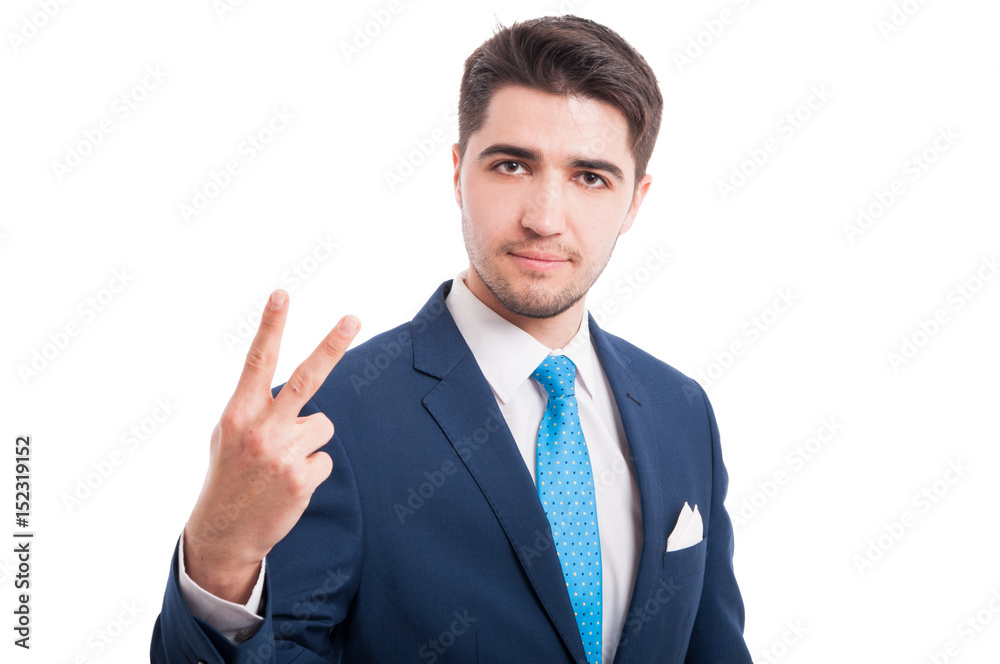 Stylish man rising up two fingers Stylish man rising up two fingers