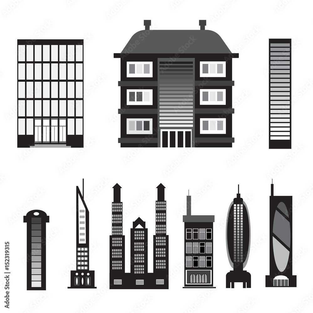 Set of black silhouettes of houses isolated on white background.
