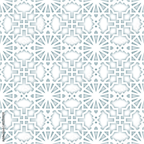 White arabesque texture. Islamic background. Arabian vector illustration. Geometric white 3d realistic background for your design. Muslim fashion. Seamless pattern with lines and shadows for backdrop