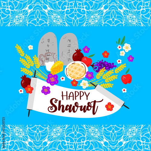 Fresh dairy products (milk, cheese), wheat, fruits (apple, pomegranate, figs), cheesecake, Ten Commandments, torah, flowers. Concept of Judaic holiday Shavuot. Happy Shavuot in Hebrew. Israel holiday
