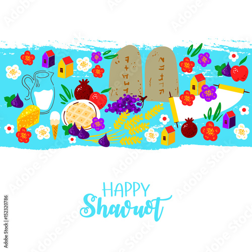 Fresh dairy products (milk, cheese), wheat, fruits (apple, pomegranate, figs), cheesecake, Ten Commandments, torah, flowers. Concept of Judaic holiday Shavuot. Happy Shavuot in Hebrew. Israel holiday