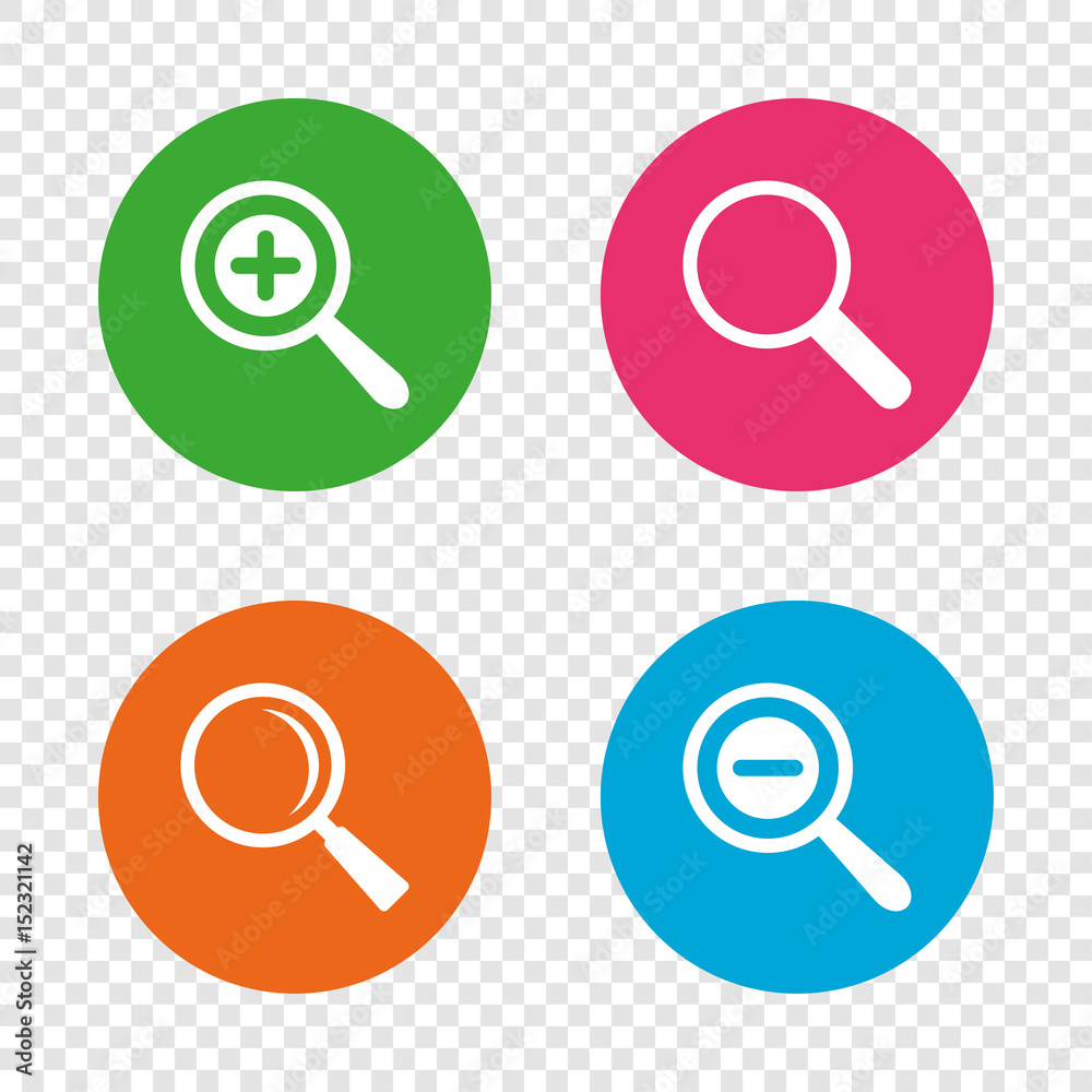 Magnifier glass icons. Plus and minus zoom tool. Magnifier glass icons. Plus and minus zoom tool.
