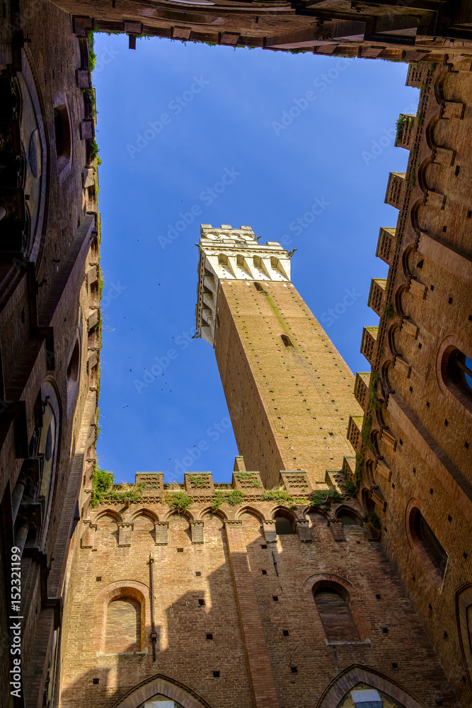 Piazza del Campo is the main square of Siena with view on Palazzo Pubblico and its Torre del Mangia