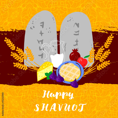 Fresh dairy products (milk, cheese), wheat, fruits (apple, pomegranate, figs), cheesecake, Ten Commandments, torah, flowers. Concept of Judaic holiday Shavuot. Happy Shavuot in Hebrew. Israel holiday