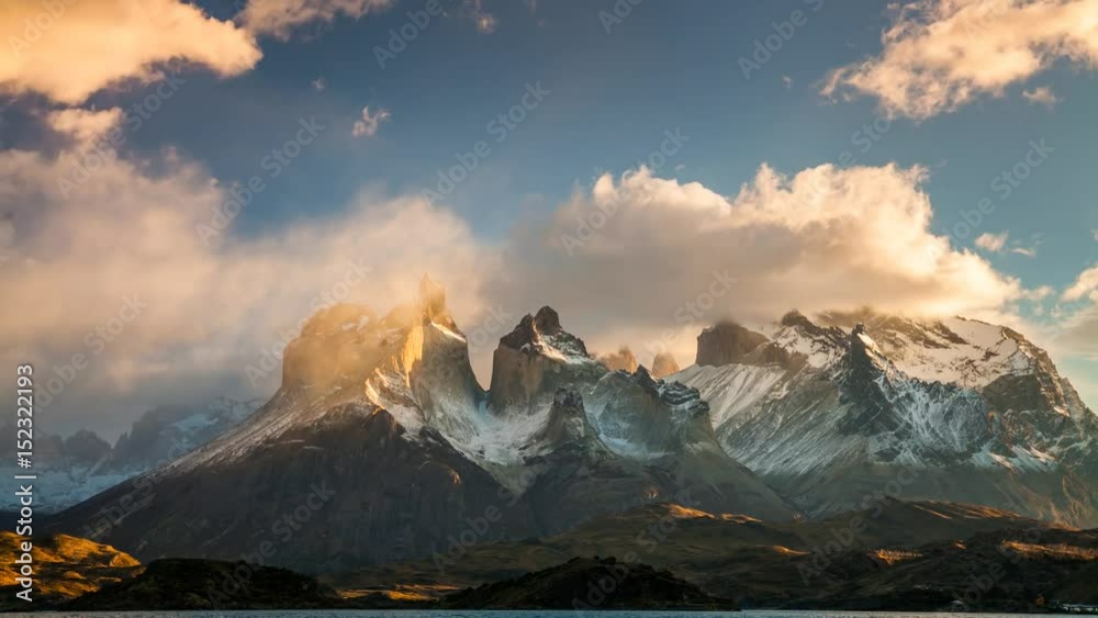 The movement of clouds over the towers of Cuernos. Parque Torres del Paine, Patagonia