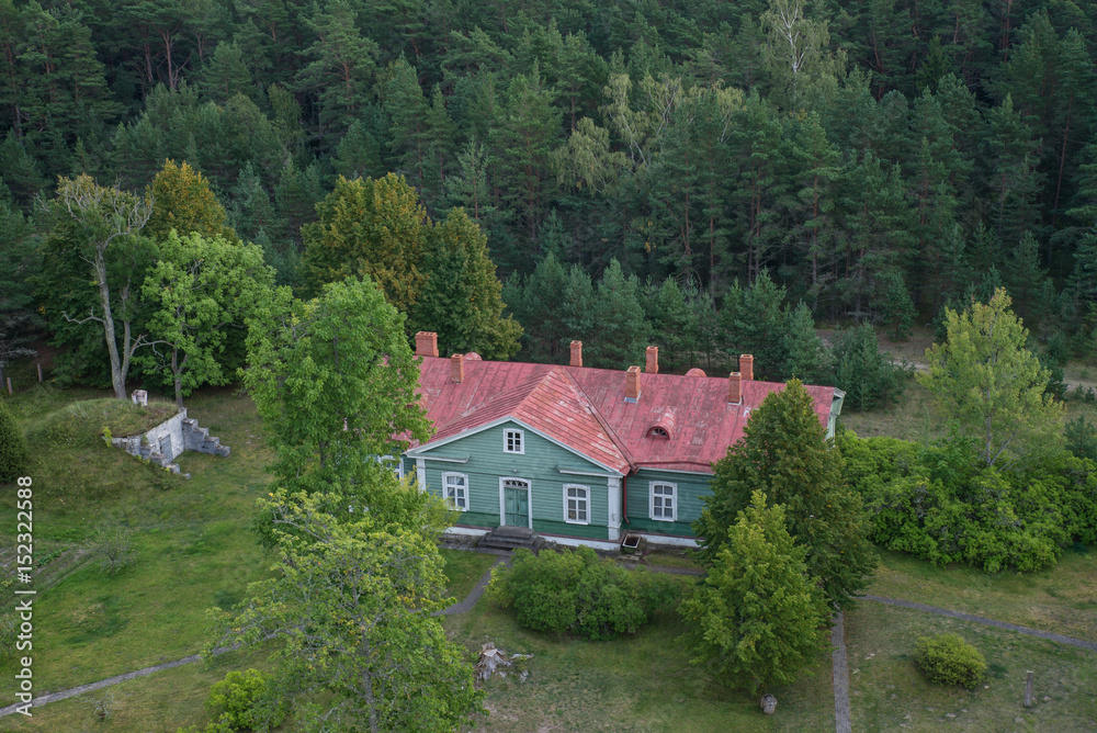 View from above, houses located among the trees. Kolka, Latvia