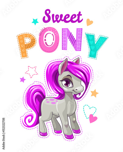 Cute cartoon little horse with purple hair.