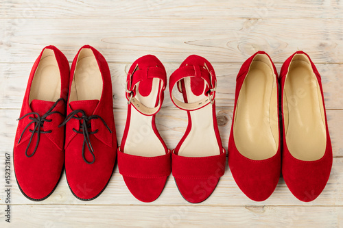 Women's shoes (sandals, ballet flats, oxfords) red color.