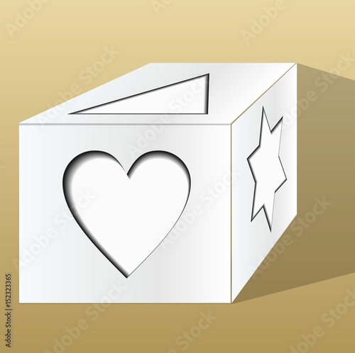 Old paper gift box decorated with paper cut motifs in perspective on beige background with shadow, isolated object drawing