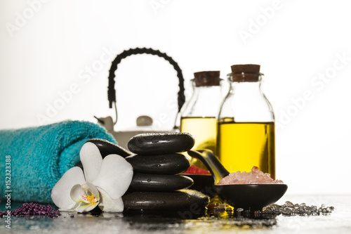 Beautiful Spa Set with Spa Products  Towel and Hot Stones. Horizontal with Copy Space.