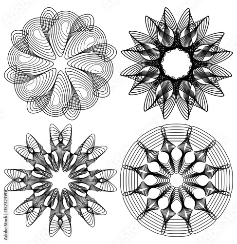 Circle lace patterns, design elements in black outline design, gorgeous symmetric geometric spirograph shapes