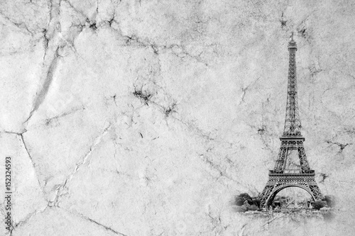 Eiffel Tower in Paris. Vintage view background. Tour Eiffel old retro style photo with cracks crumpled paper. Postcard style. 