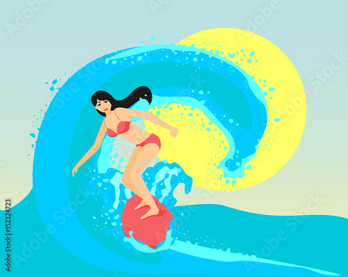 The surfing girl vector illustration. The brunette woman is stand on surf board and riding on the big wave.