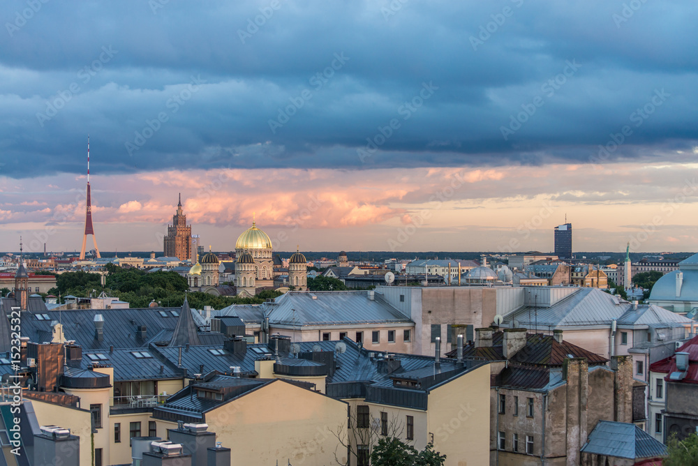 beautiful view of Riga (Latvia) skyline at sunset