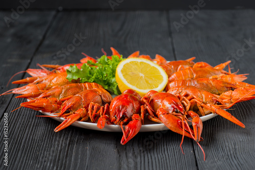 Boiled red crayfishes on a white dish