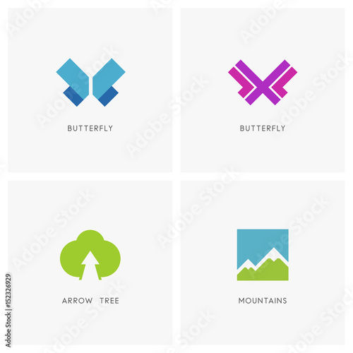 Nature logo set. Butterfly symbol, high mountains and green tree with arrow - plant, insect and ecology icons.