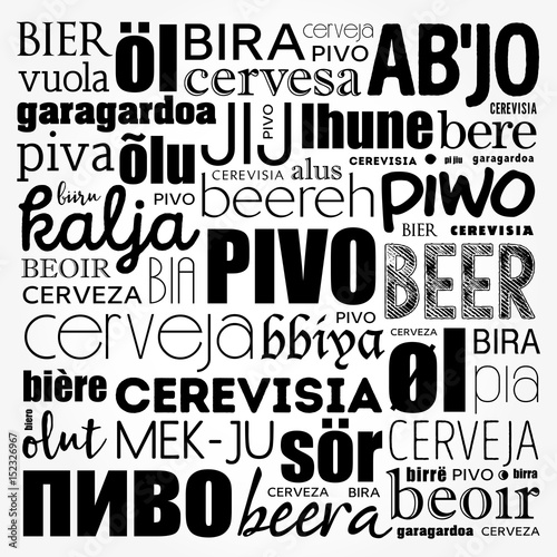 BEER in different languages of the world (english, french, german, etc) Word Cloud collage, multilingual background