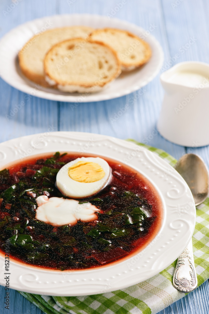 Homemade cold beetroot soup with egg. Homemade cold beetroot soup with egg.