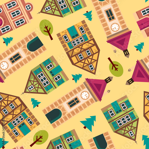 Seamless pattern of cartoon houses and trees. Vector background