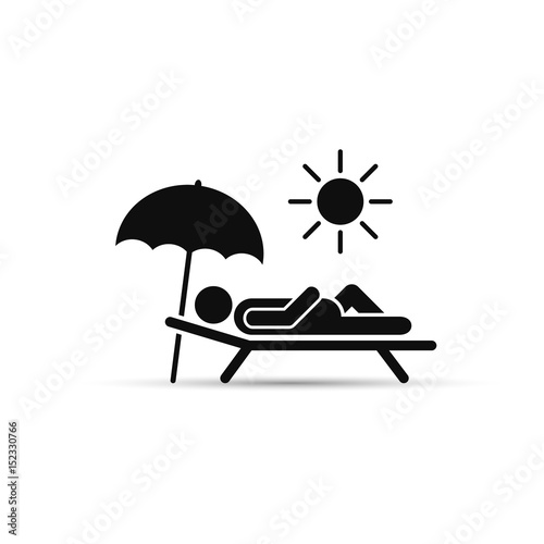 Man relax on beach under an umbrella on chaise-longue. Vector sea rest icon.