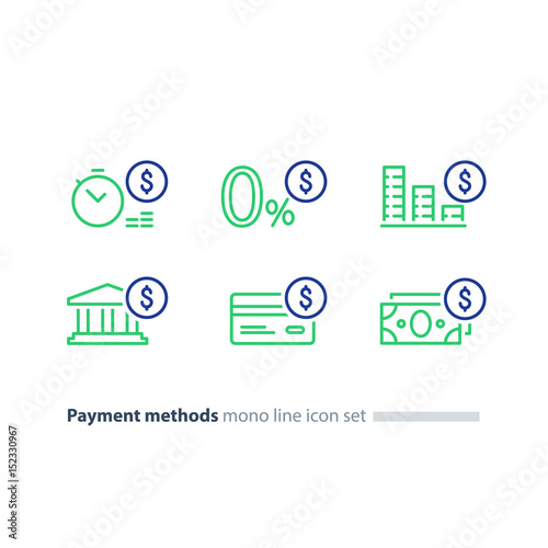 Buy in credit concept, payment installment plan, zero fee offer, line icons