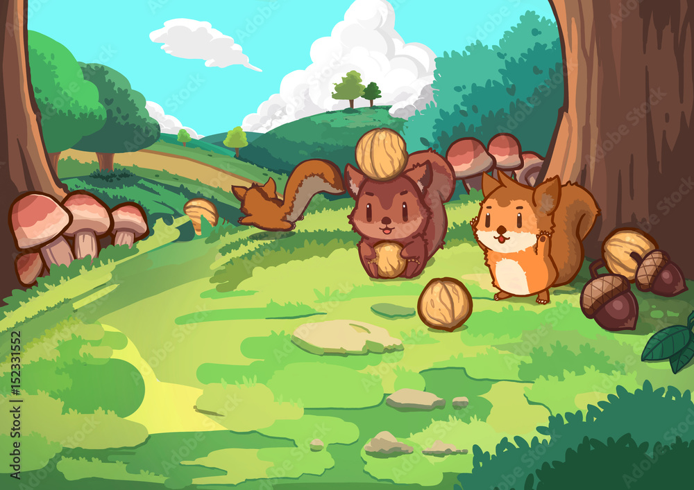 Fototapeta premium Squirrel and Forest. Video Game's Digital CG Artwork, Concept Illustration, Realistic Cartoon Style Background