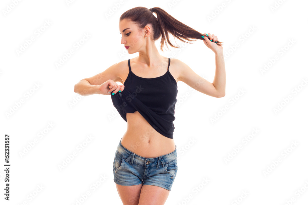 adorable brunette girl in jeans shorts take off her shirt adorable brunette girl in jeans shorts take off her shirt