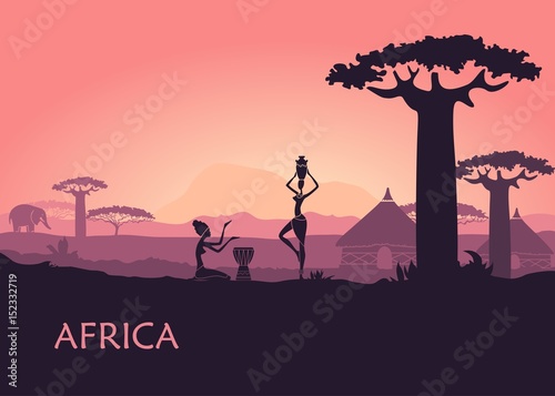 African woman on Kenya sunset background. The landscape of Africa, baobabs and traditional huts