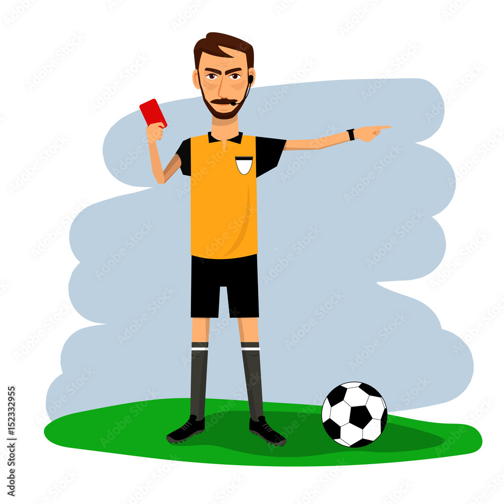 Vector of soccer, football referee with red card. Cartoon character
