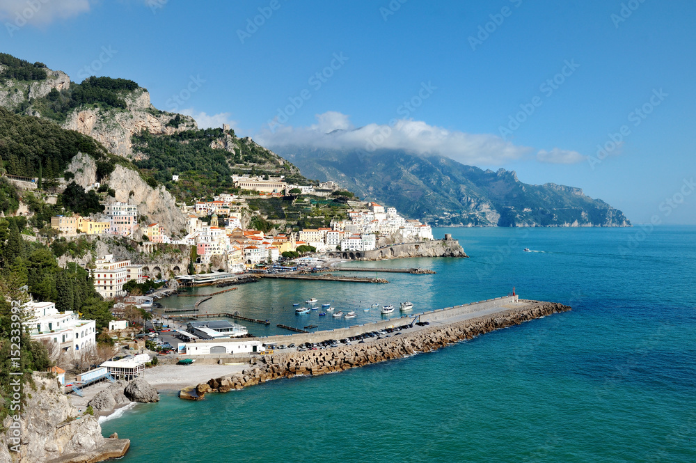 Amalfi, Italy - panoramic view of the city and blue sea