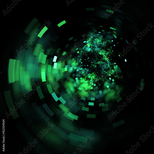 Abstract green square bokeh on black background. Fantasy fractal texture. Digital art. 3D rendering.