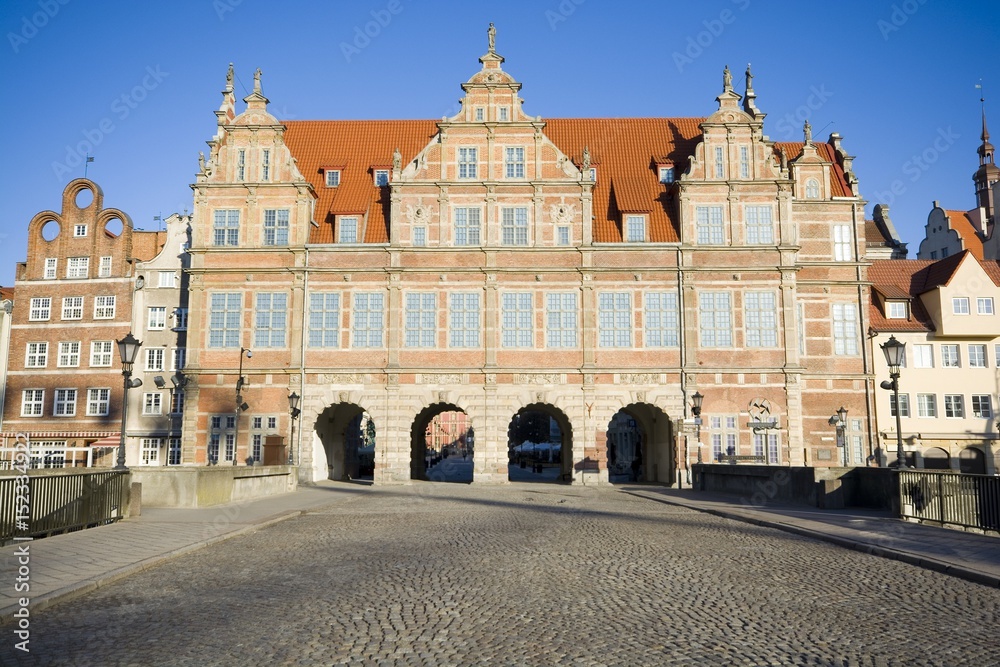 Green Gate - formal residence of the Polish monarchs, located at the eastern end of the Royal Route at sunrise, Gdansk, Poland