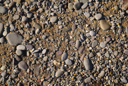Background of sea pebbles on a sandy beach