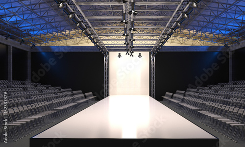 Interior of the auditorium with empty podium for fashion shows. Fashion runway before beginning of fashionable display. 3D visualization.