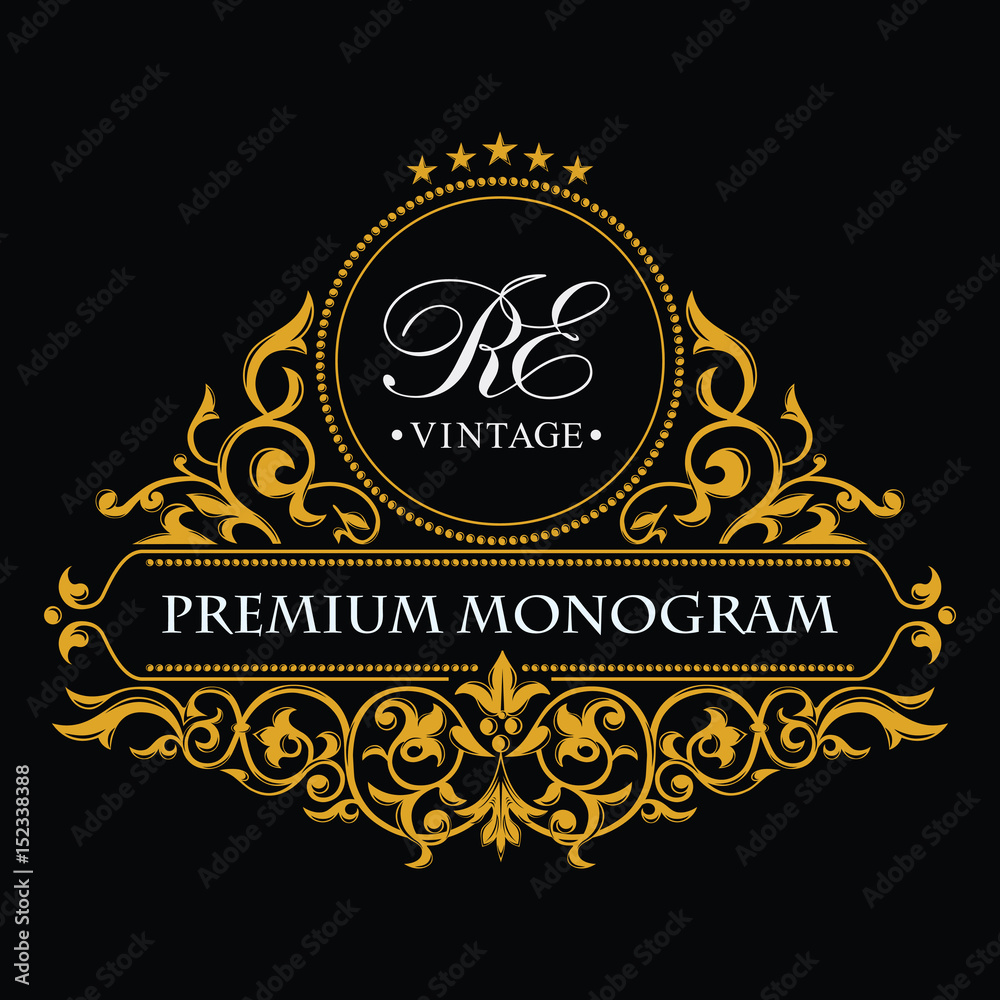 Gold decorative frame and monogram initials. Vector heraldic logo templates. An elegant business sign for a hotel, restaurant, cafe, jewelry, invitations, booklets and brochures.