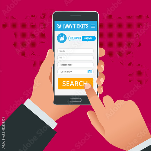 Railway tickets booking online app phone concept. Book your ticket online and pay the amount at anywhere in the world