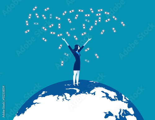 Businesswoman throwing banknotes in delight. Concept business vector illustration.