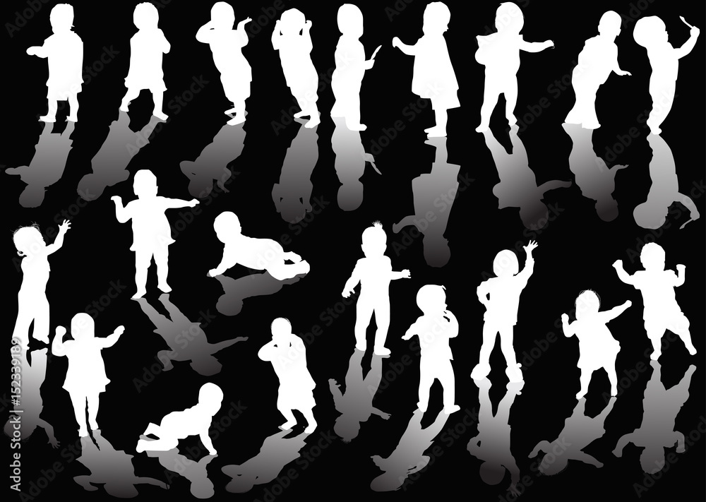 twenty four child silhouettes with reflections on black