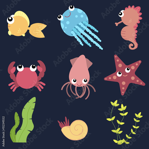 Flat design cute animals set. Underwater life: fish, jellyfish, seahorse, starfish, crab, squid, shells and seaweeds. © haosame