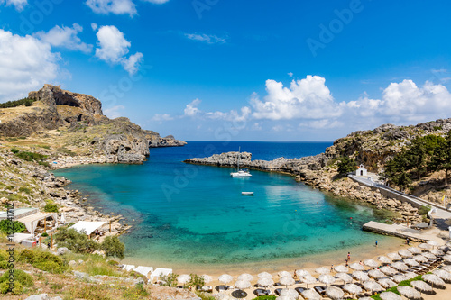 St Paul's Bay and Agios Pavlos beach near Lindos on a beautiful day, Rhodes island, Greece
