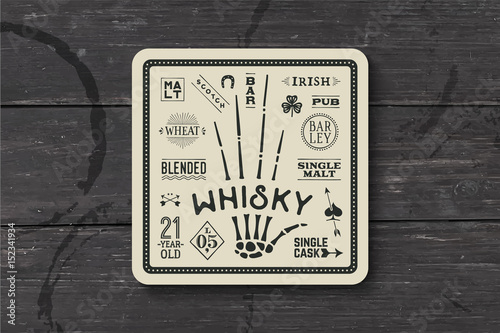 Coaster for whiskey and alcoholic beverages. Vintage drawing for bar, pub and whiskey themes. Black and white square for placing whiskey glass over it with lettering, drawings. Vector Illustration
