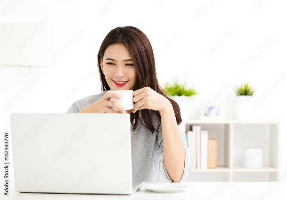 young Woman working on laptop in living room. young Woman working on laptop in living room.
